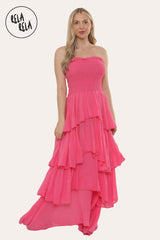 Tiered Bandeau Summer Maxi Dress in Hot Pink