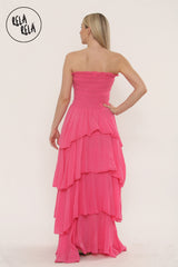 Tiered Bandeau Summer Maxi Dress in Hot Pink