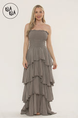 Tiered Bandeau Summer Maxi Dress in Khaki