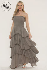 Tiered Bandeau Summer Maxi Dress in Khaki