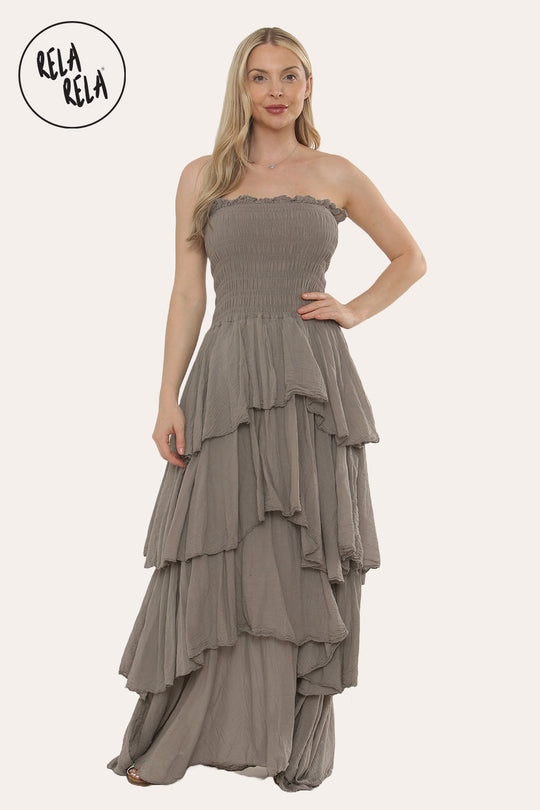 Tiered Bandeau Summer Maxi Dress in Khaki