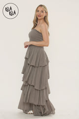 Tiered Bandeau Summer Maxi Dress in Khaki