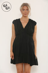 Mini Skater Dress With Ruched Shoulder Detail in Black