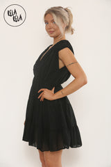 Mini Skater Dress With Ruched Shoulder Detail in Black