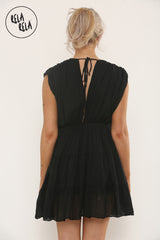 Mini Skater Dress With Ruched Shoulder Detail in Black