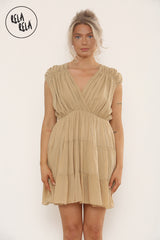 Mini Skater Dress With Ruched Shoulder Detail in Camel
