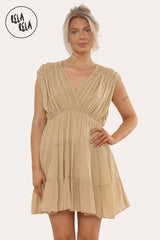 Mini Skater Dress With Ruched Shoulder Detail in Camel