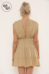 Mini Skater Dress With Ruched Shoulder Detail in Camel