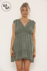 Mini Skater Dress With Ruched Shoulder Detail in Khaki