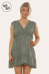 Mini Skater Dress With Ruched Shoulder Detail in Khaki