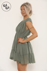 Mini Skater Dress With Ruched Shoulder Detail in Khaki