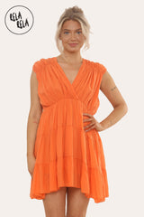 Mini Skater Dress With Ruched Shoulder Detail in Orange