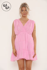 Mini Skater Dress With Ruched Shoulder Detail in Pink