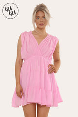 Mini Skater Dress With Ruched Shoulder Detail in Pink
