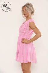 Mini Skater Dress With Ruched Shoulder Detail in Pink