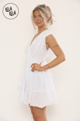 Mini Skater Dress With Ruched Shoulder Detail in White