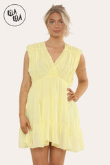 Mini Skater Dress With Ruched Shoulder Detail in Yellow