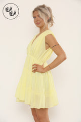 Mini Skater Dress With Ruched Shoulder Detail in Yellow