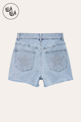 Flat lay back view of RELA RELA Silver Star Diamante Denim Shorts, showcasing twin back pockets with star detailing and raw distressed hem.