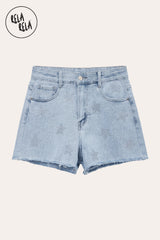 Flat lay front view of RELA RELA Silver Star Diamante Denim Shorts, featuring button closure, front pockets, scattered star diamante embellishments, and raw distressed hem.