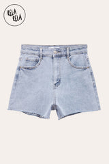 Flat lay front view of RELA RELA Baby Pink Star Diamante Light Wash Denim Shorts, featuring button closure, front pockets with silver-tone hardware, and raw distressed hem.