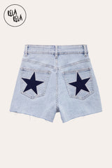 Flat lay back view of RELA RELA Royal Blue Star Diamante Light Wash Denim Shorts, showcasing twin back pockets with statement royal-blue star diamante embellishments, rhinestone trim, and raw distressed hem.