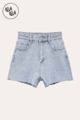 Flat lay front view of RELA RELA Royal Blue Star Diamante Light Wash Denim Shorts, featuring button closure, front pockets with silver-tone hardware, all-over delicate rhinestone embellishment, and raw distressed hem.
