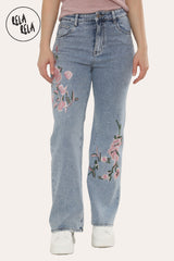 Mid Rise Dad Fit Embroidered Rhinestone Diamante Jeans