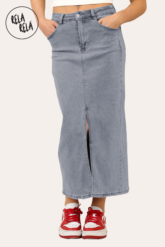 Stretchy Denim Maxi Skirt with Split Front in Grey