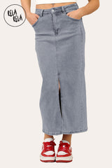 Grey denim maxi skirt for women in stretchy pencil skirt style