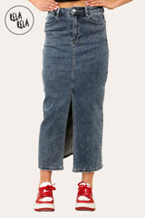 Front view of denim blue stretchy denim maxi skirt with split front