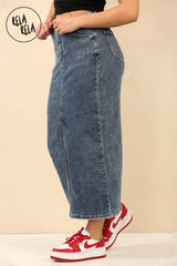 Texture and fabric detail of denim blue stretchy jean skirt with mid waist style