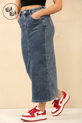 Side view of denim blue stretchy pencil skirt with split front detail