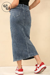 Back view of denim blue stretchy denim maxi skirt with pencil fit