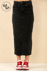 Texture and fabric detail of black stretchy jean skirt with front split