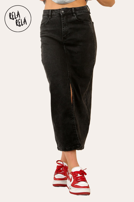 Stretchy Denim Maxi Skirt with Split Front in Black