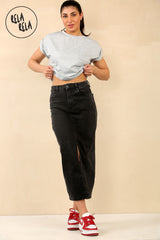 Black denim maxi skirts for women with front slit, front view