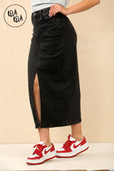 Side view of black denim maxi skirt with split front detail