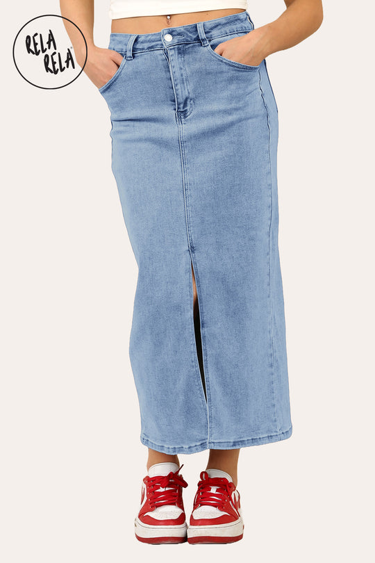 Stretchy Denim Maxi Skirt with Split Front in Mid Blue