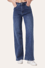 Front view of Blue viral stretchy dad fit wide leg jeans for women, high waist design