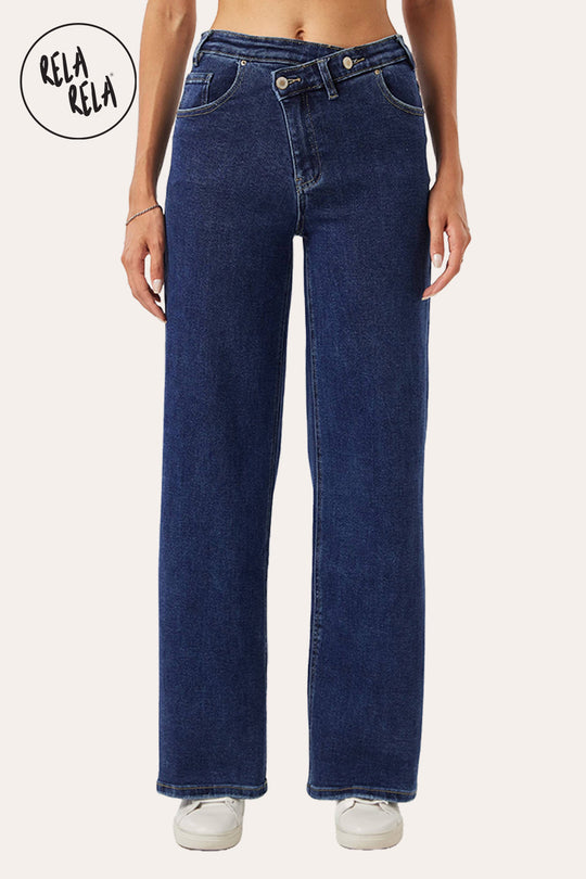 Stretchy V-Waist Wide Leg Jeans with Button Detail in Indigo Blue