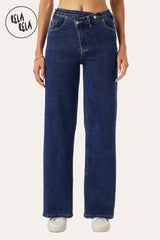 Front view of Indigo Blue Stretchy Wide Leg Jeans with V-shape waist and multi-button accents.