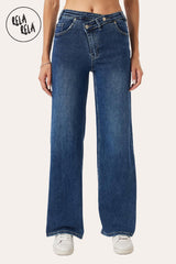 Front view highlighting the V-waist cinching and structured fit of the denim wide leg jeans.
