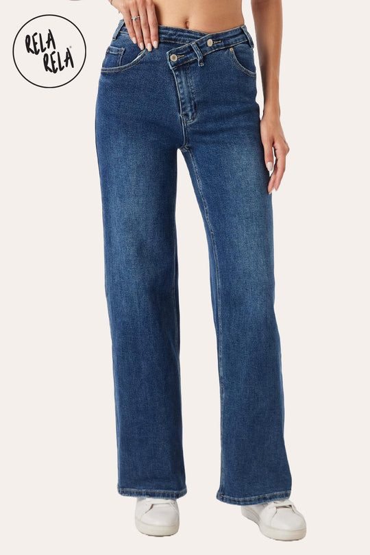 Stretchy V-Waist Wide Leg Jeans with Button Detail in Denim Blue