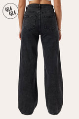 Back view highlighting the V-waist cinching and structured fit of the denim wide leg jeans in charcoal