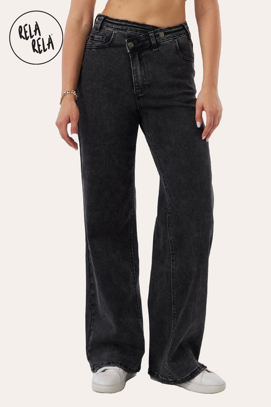 Stretchy V-Waist Wide Leg Jeans with Button Detail in Charcoal