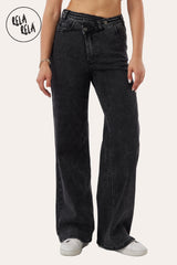 Front view of Charcoal Stretchy Wide Leg Jeans with V-shape waist and multi-button accents.