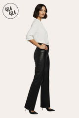 Side view of black dad fit faux leather trousers – wide leg cut with high waist for a flattering silhouette.
