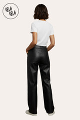 Back view of black wide leg faux leather trousers – high waist dad fit wide leg design for a sleek, polished look.