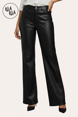 Front view of black faux leather trousers – high waist dad fit wide leg design for a sleek, polished look.